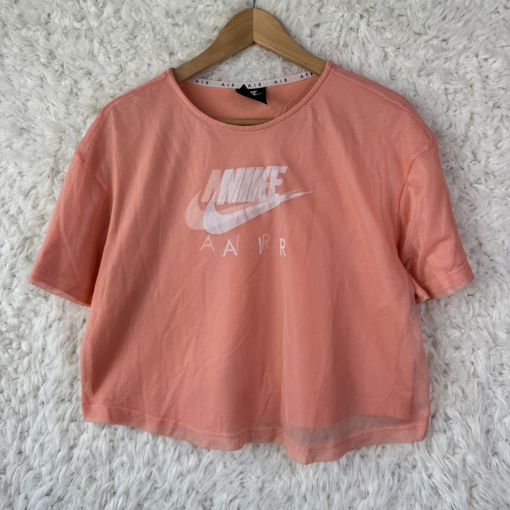 Nike Air Mesh Crop Top Large Peach Pink Short Sleeve Sporty Athleisure Jersey